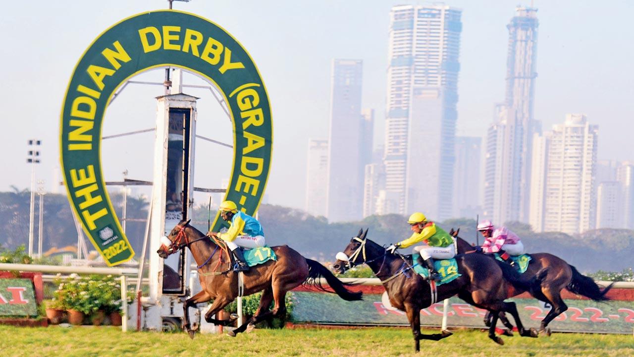 Jockey S Antony Raj guides Mirra across the finish to win the Indian Derby at the Mahalaxmi Racecourse yesterday. Pics/Shadab Khan