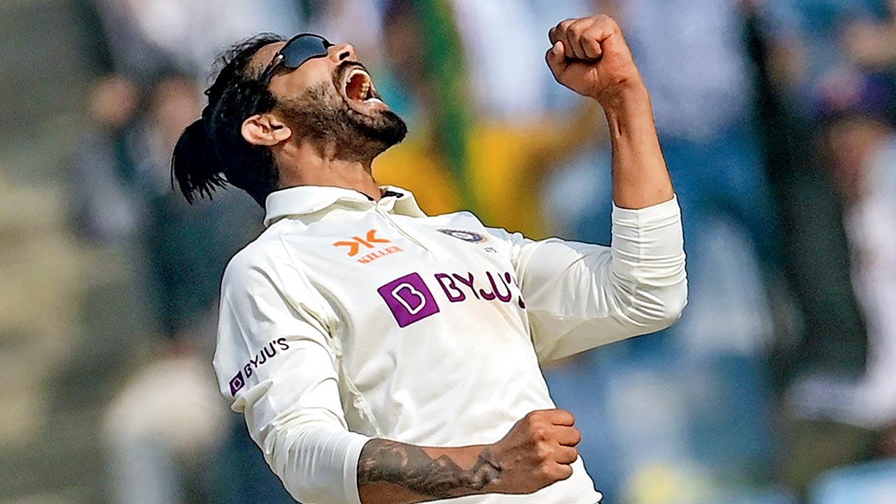 Ravindra Jadeja is ecstatic after claiming the wicket of Australia’s Alex Carey yesterday