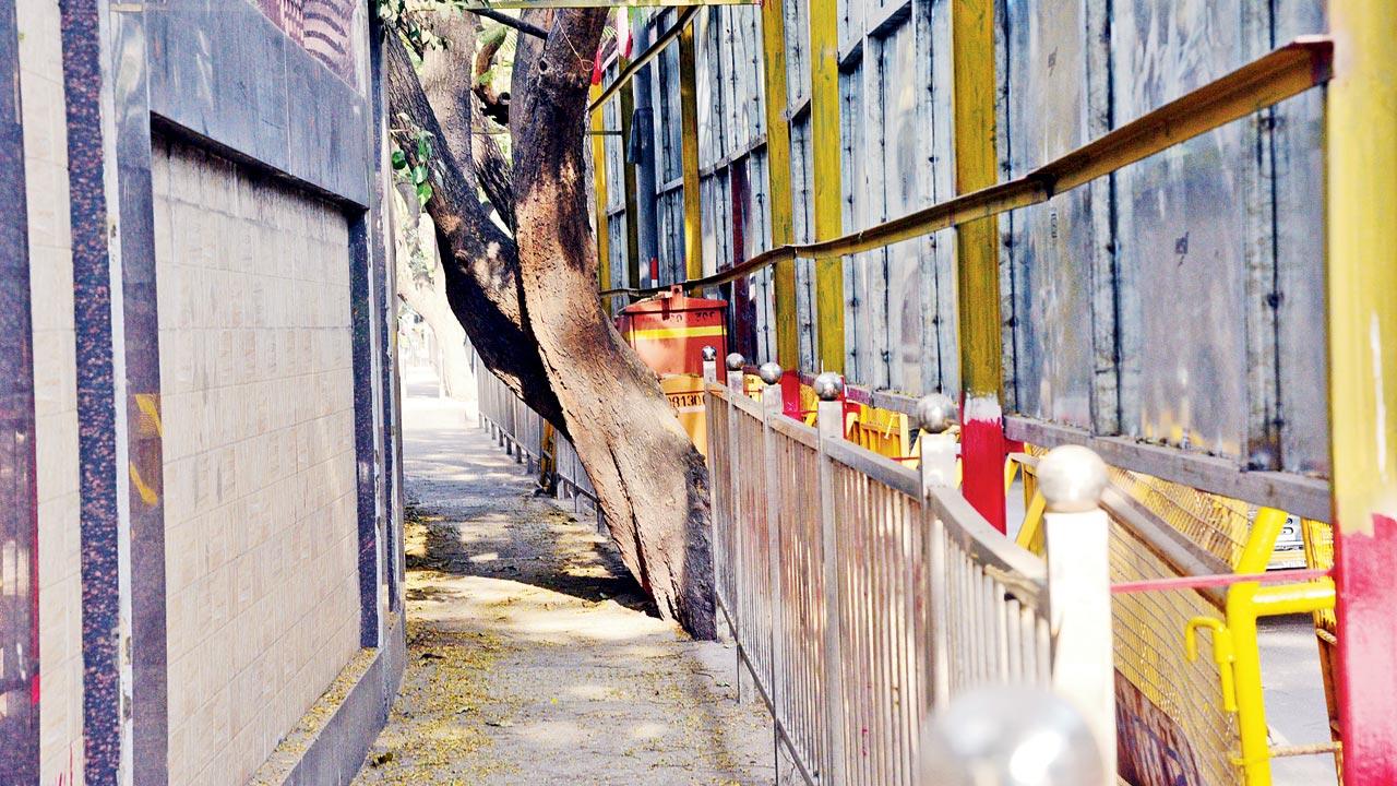 A narrow footpath near MHADA office at Kalanagar, Bandra. File pic