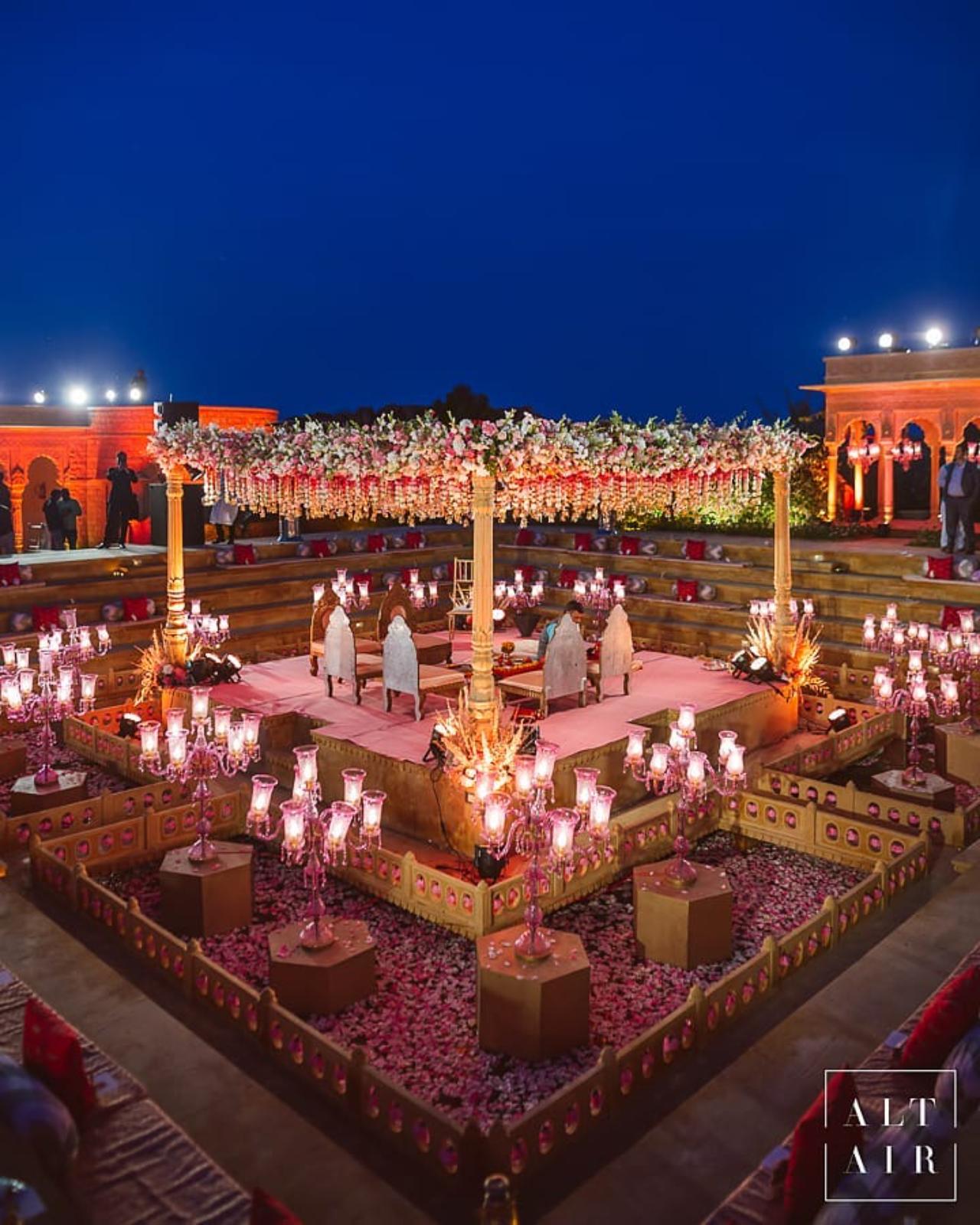 This is the mandap area where Sidharth and Kiara will tie the knot on February 6 in the presence of their family and friends.  About 150 guests have been invited to the star couple's wedding, a source said, adding: 