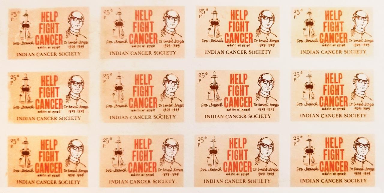 Cancer seals or stamps released by the Goa Branch of the Indian Cancer Society on September 7, 1971 (Ernest’s birth anniversary)