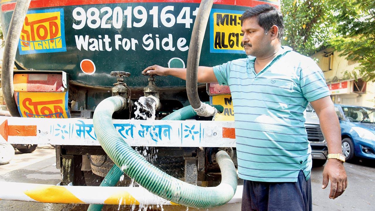 Nandlal Santlal Prajapati was a farmer before he arrived here 12 years ago. He supplies water to Mumbai’s Metro construction sites