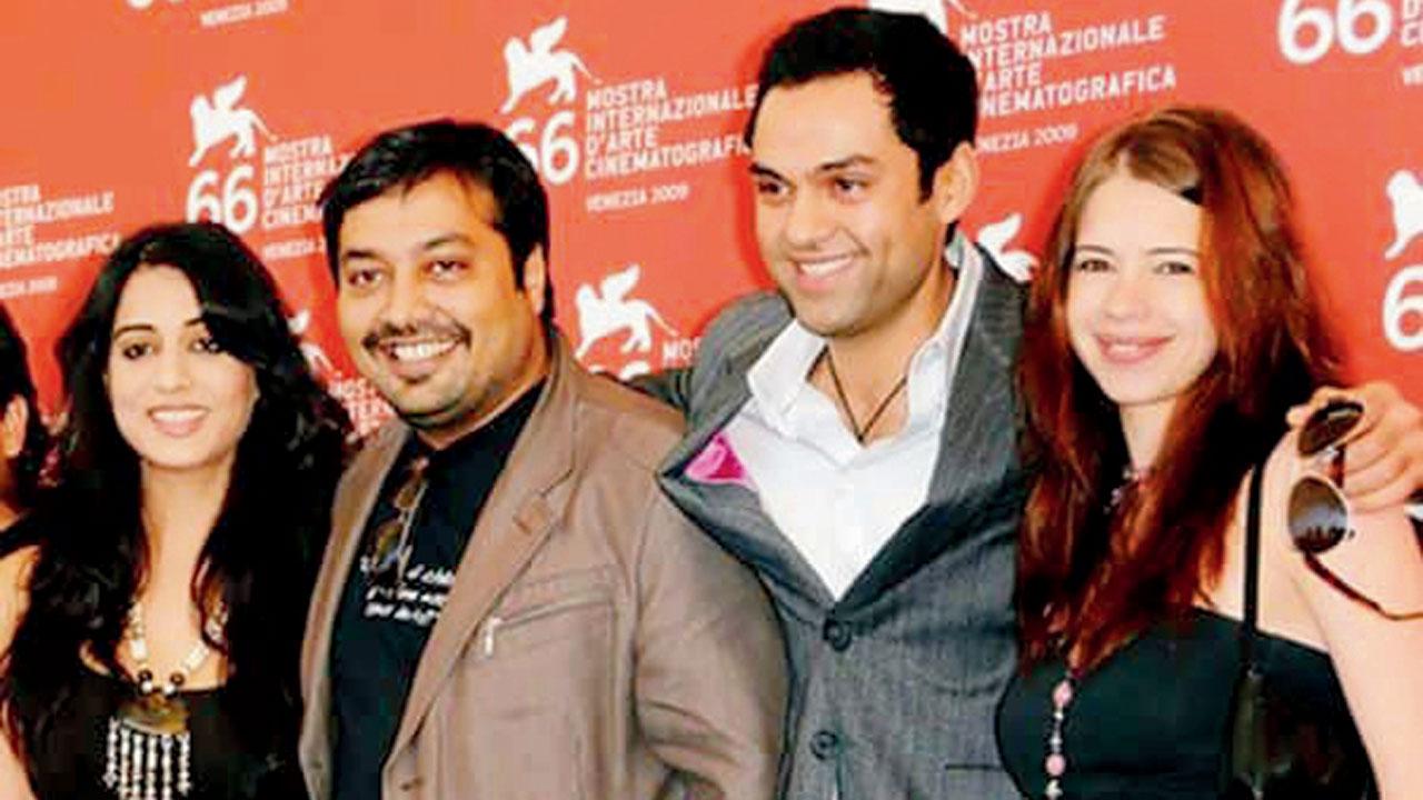 Abhay Deol with Anurag Kashyap, Kalki Koechlin, and Mahie Gill during the promotions of Dev D (2009)