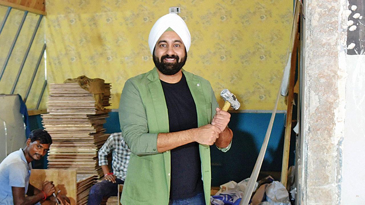 Abhayraj Singh Kohli at the work-in-progress space in Malad, where the sports bar will come up. Pic/Sameer Markande