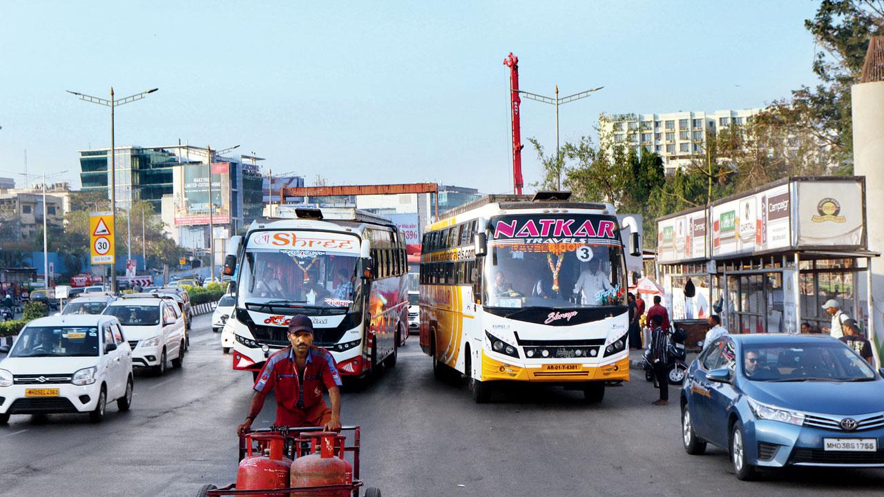 Luxury buses parked on the Western Express Highway, near the international airport
