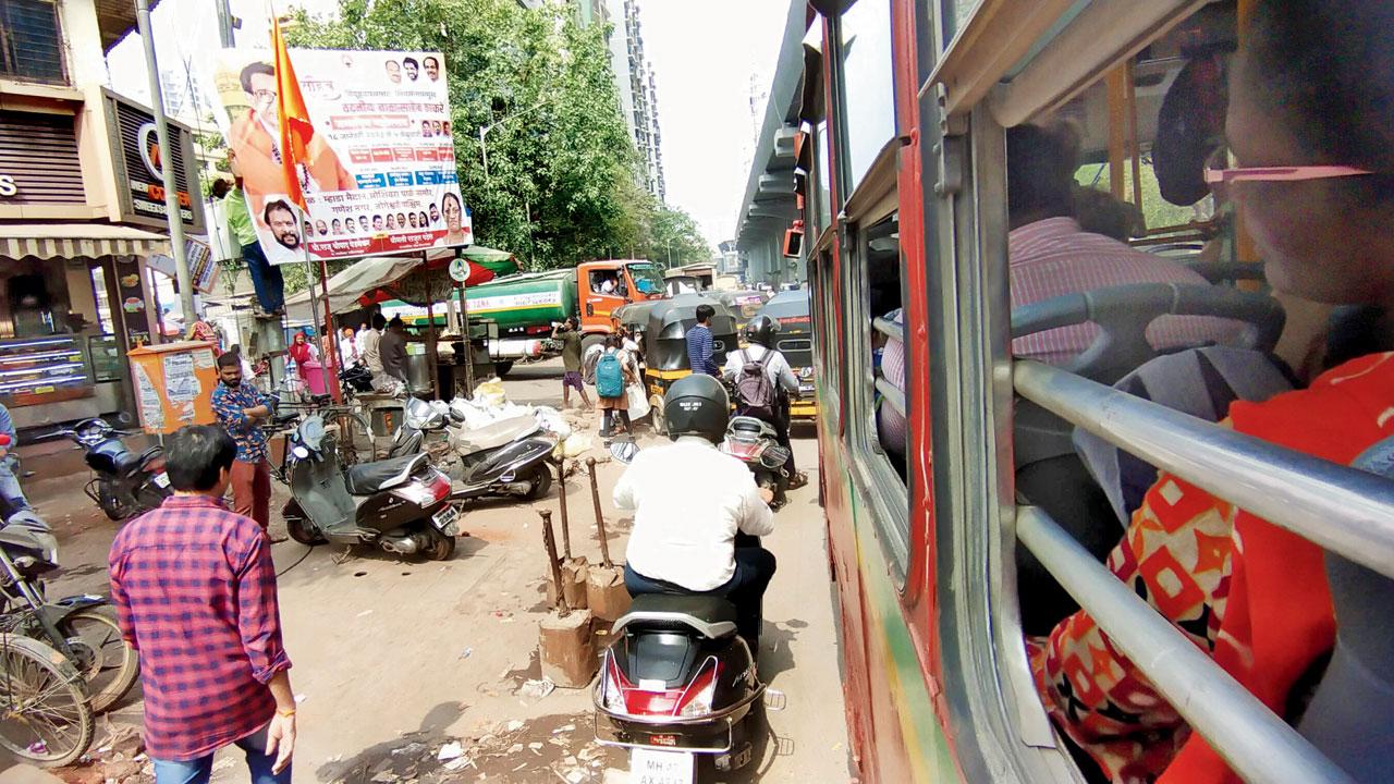 The bus navigates a congested Link Road
