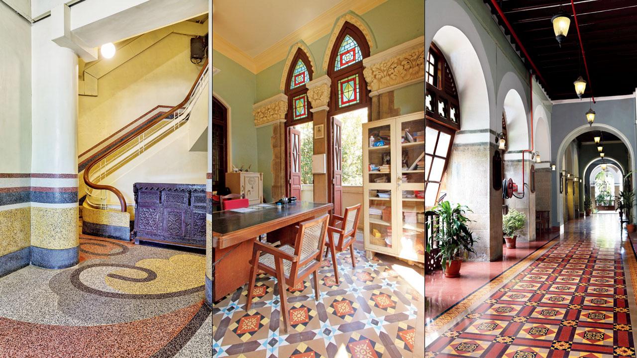 The still striking in situ terrazzo lobby of a 1930s bungalow. (left) The JN Petit Library at Fort (right) Entrance passage of Royal Bombay Yacht Club, with flooring intended to replicate the original Minton. Pic/Pulkit Sehgal, Allan Fernandes and Hashim Badani