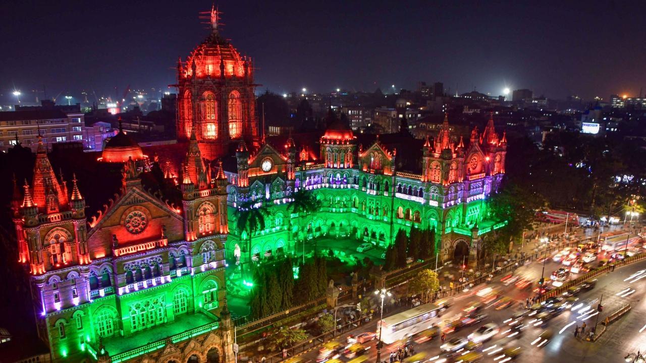 Mumbai's CSMT illuminated in tricolour on Wednesday. Pics/PTI 