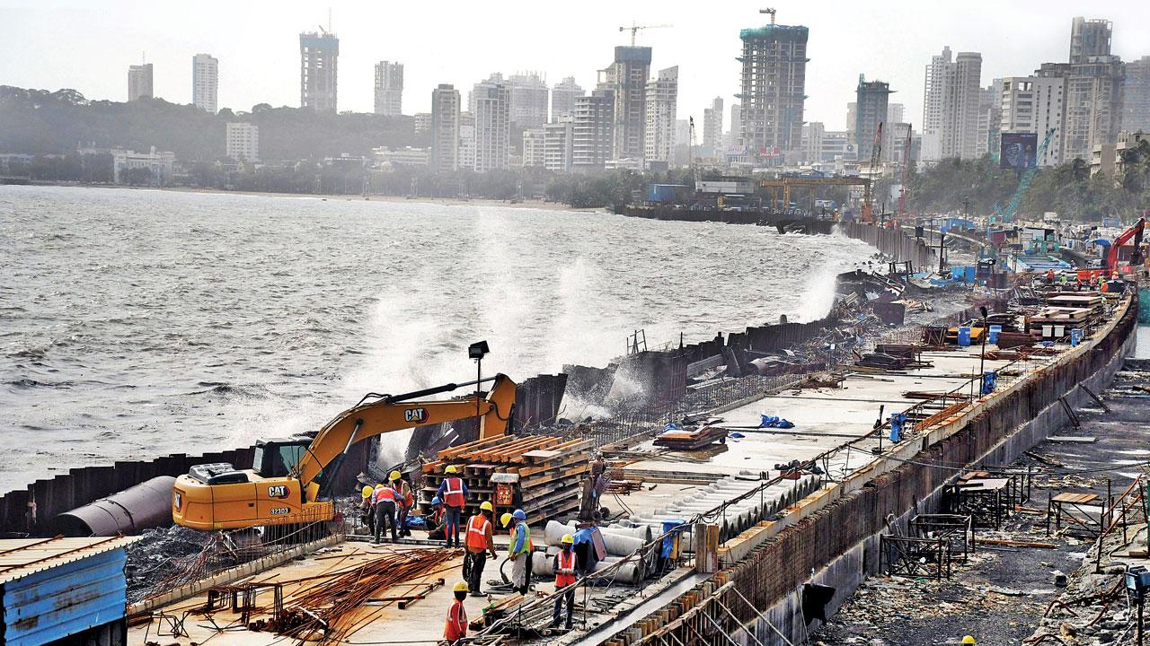 Work on the Coastal Road underway on July 19, 2022. Pic/Ashish Raje