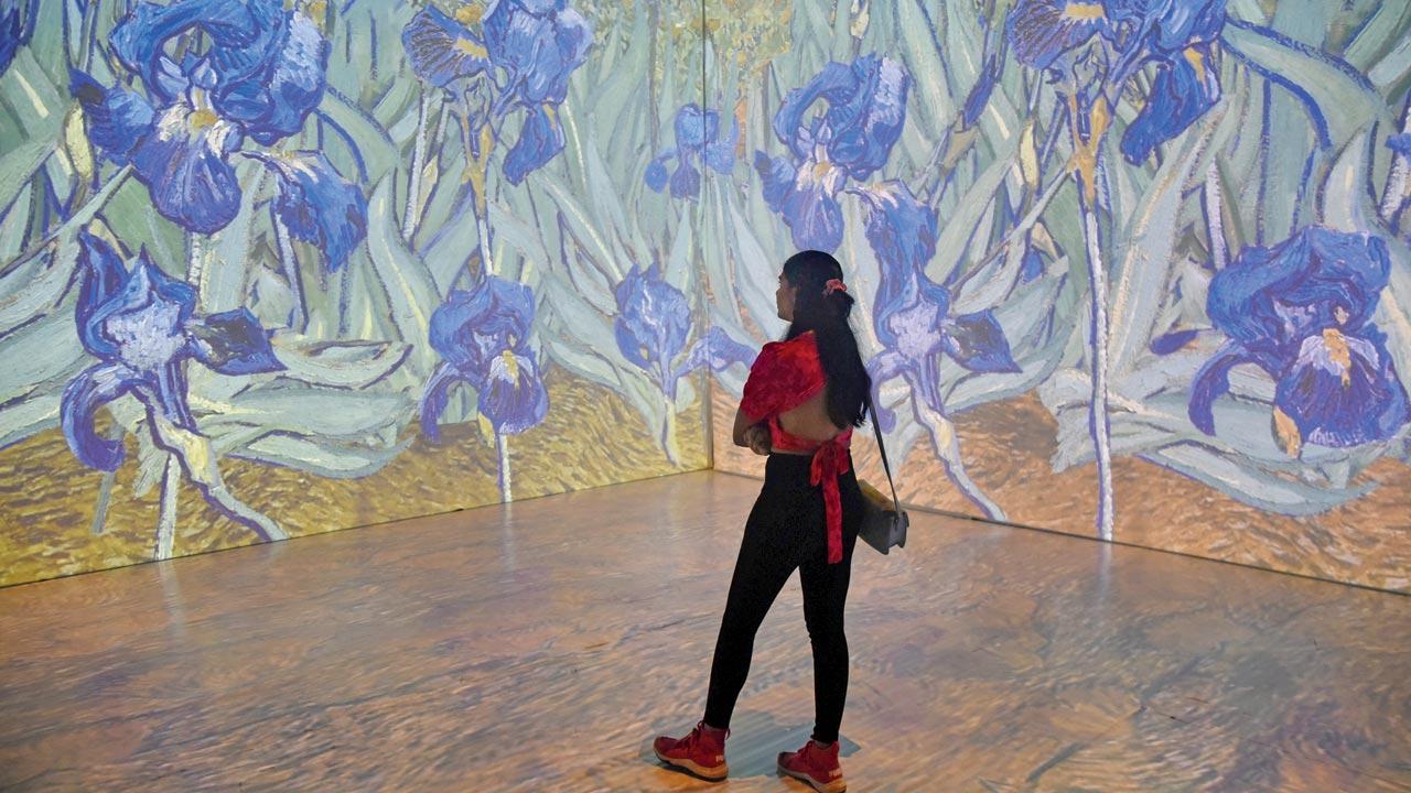 A woman stands before the panel screening of Irises by Van Gogh at the exhibition in World Trade Centre. Pics/Sameer Markande