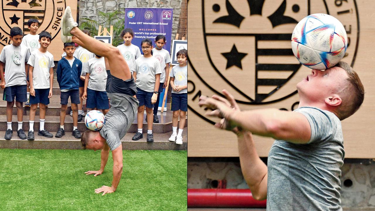 Jamie Knight, celebrated freestyle footballer, enthralls school children at Podar ORT International School with his balancing act. PICs/ASHISH RAJE