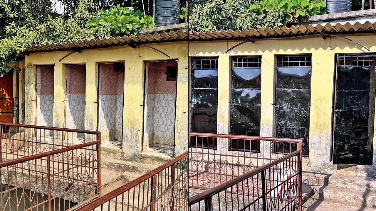 The squat toilets in Vasai-based chawl with iron doors that were attached on Sunday (right) the same toilets with missing doors a few days ago. Pics/Hanif Patel