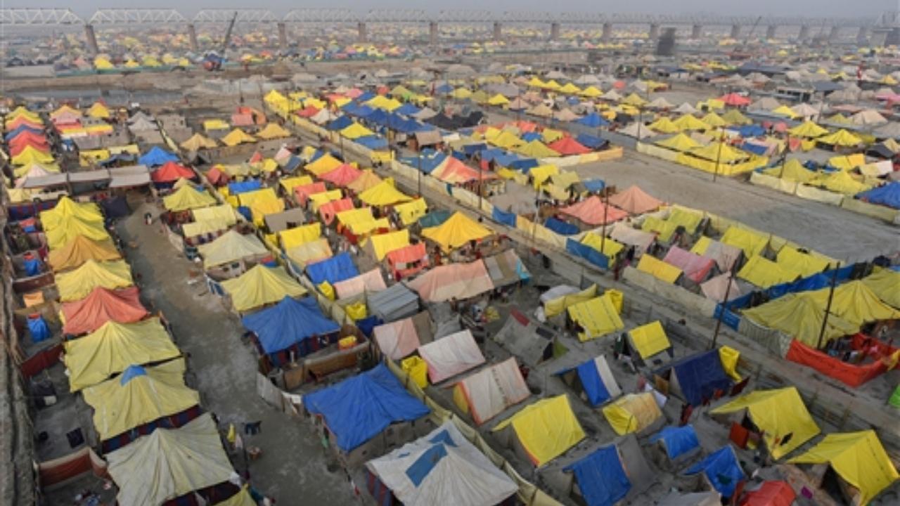 A general view of tents at Sangam on the eve of Makar Sankranti during 'Magh Mela', in Prayagraj