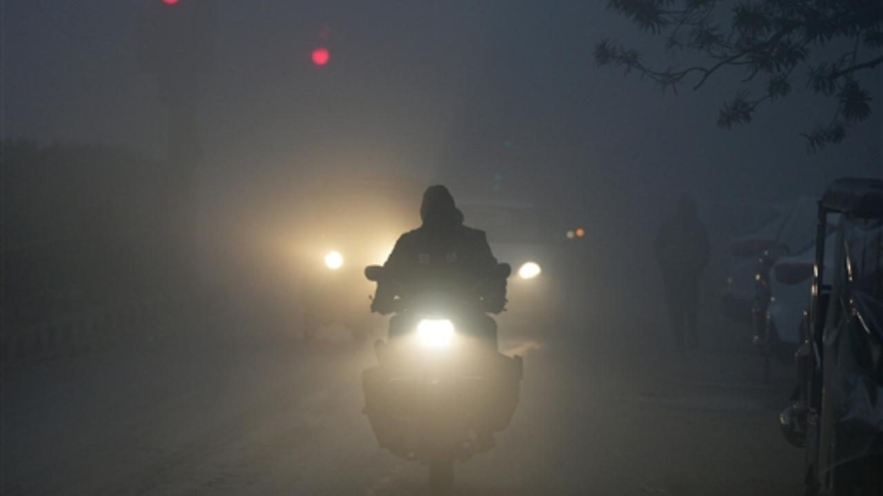 Vehicles ply on a road amid low visibility due to a thick layer of fog. Around 15 flights were delayed and one flight was diverted due to bad weather, officials at the Indira Gandhi International Airport said
