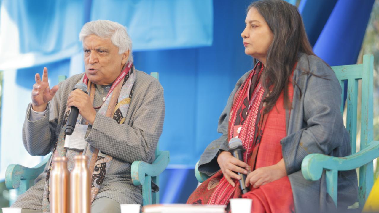 Indian lyricist Javed Akhtar and actor Shabana Azmi on stage at the Jaipur Literature Festival 2023 in the Pink City. Photo Courtesy: Jaipur Literature Festival 2023