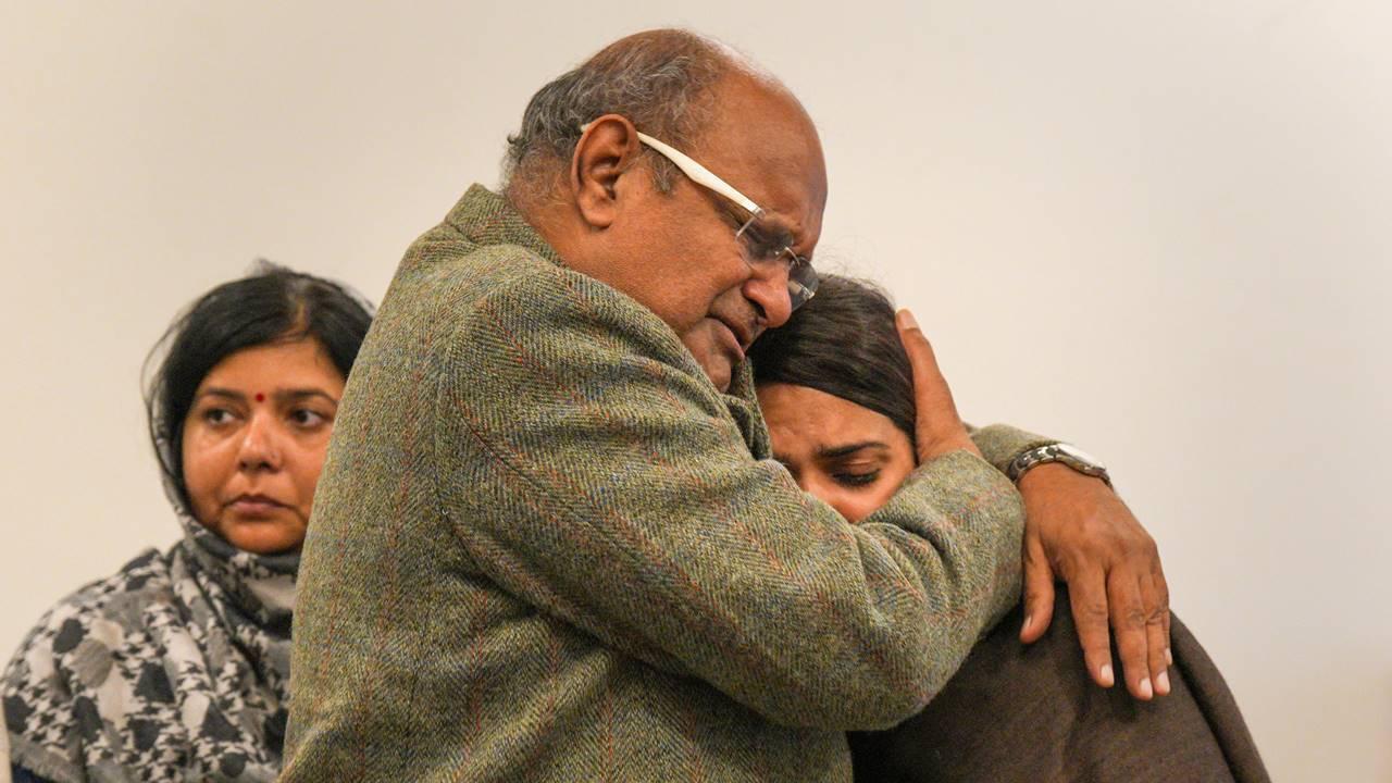 Janata Dal (United) leader KC Tyagi offers condolences to Subhashini Rao, daughter of former union minister Sharad Yadav in Delhi. Yadav passed away late Thursday night