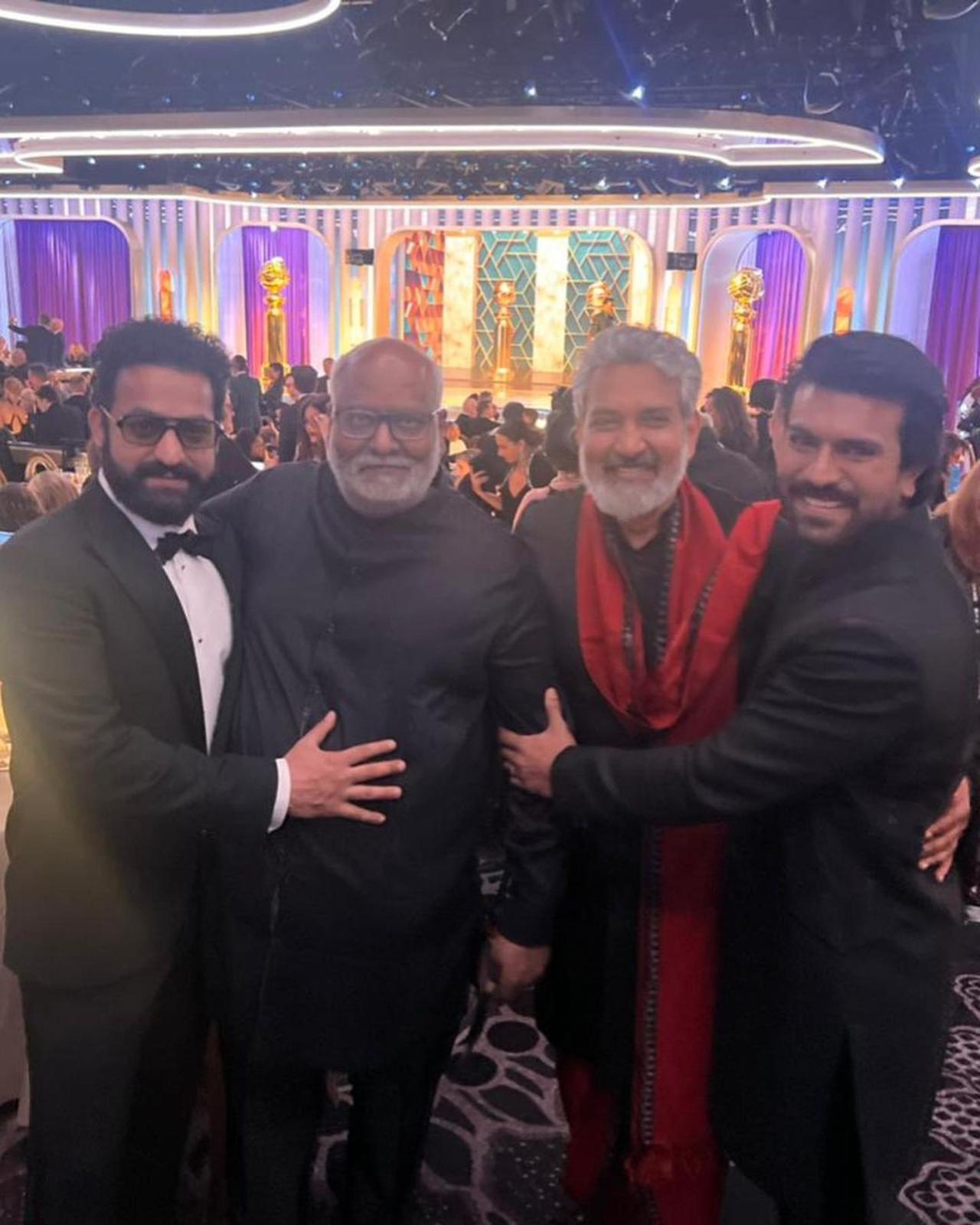 The four men were all thrilled after their win at the Golden Globes. As soon as the winner of the Best Original Song was announced, the RRR team stood up in joy and celebrated the moment. Ram Charan took to his Instagram handle to share a picture from inside the ceremony room. He is seen posing with SS Rajamouli, MM Keeravani, and Jr NTR