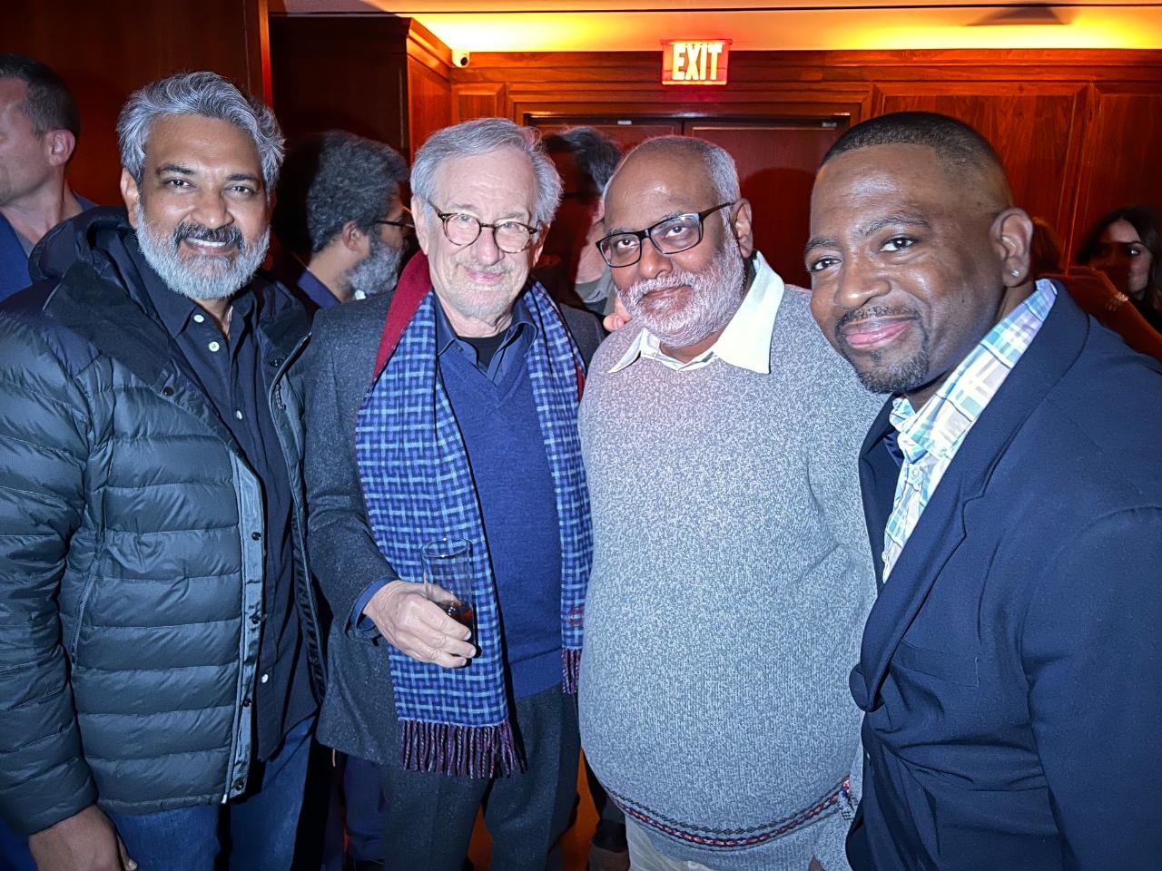 Rajamouli shared a string of pictures on Instagram from his meeting with Spielberg along with Golden Globe-winning 'RRR' music composer M.M. Keeravani.The first shows Rajamouli all excited with both hands on his face on meeting the maestro. The second picture has Keeravani and Rajamouli posing with Speilberg. 