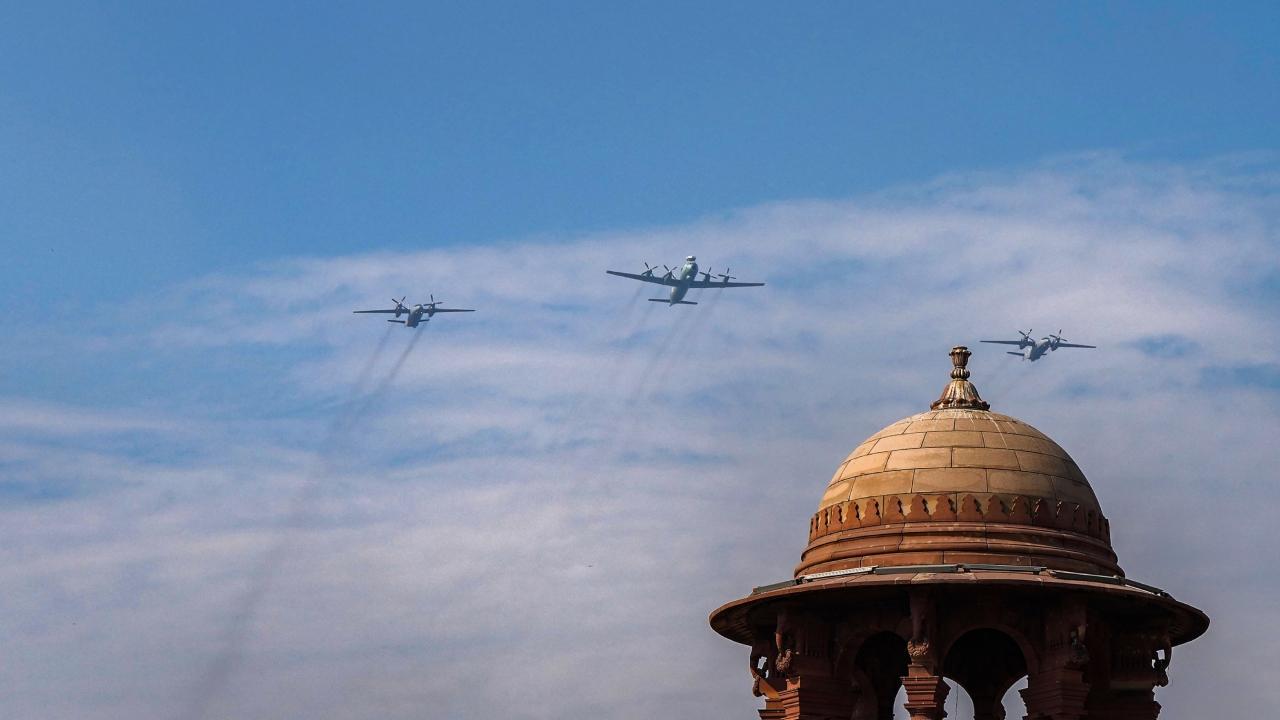 Aircrafts of the Indian Armed Forces fly-past during rehearsals for the Republic Day Parade on Friday. The Republic Day fly-past will reportedly comprise of 45 Indian Air Force (IAF) aircraft, one from the Indian Navy and four helicopters from the Indian Army