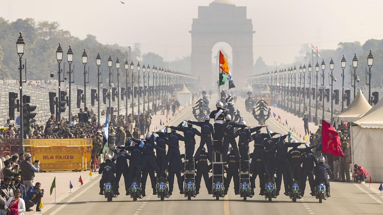 Dare Devils team of the Indian Armed Forces during rehearsals for the Republic Day Parade 2023, at Kartavya Path. Pics/PTI