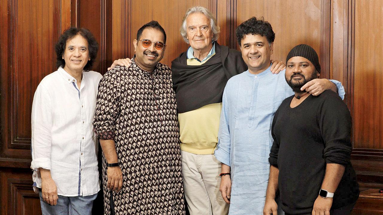 (From left) Zakir Hussain, Shankar Mahadevan, John McLaughlin, Ganesh Rajagopalan and V Selvaganesh