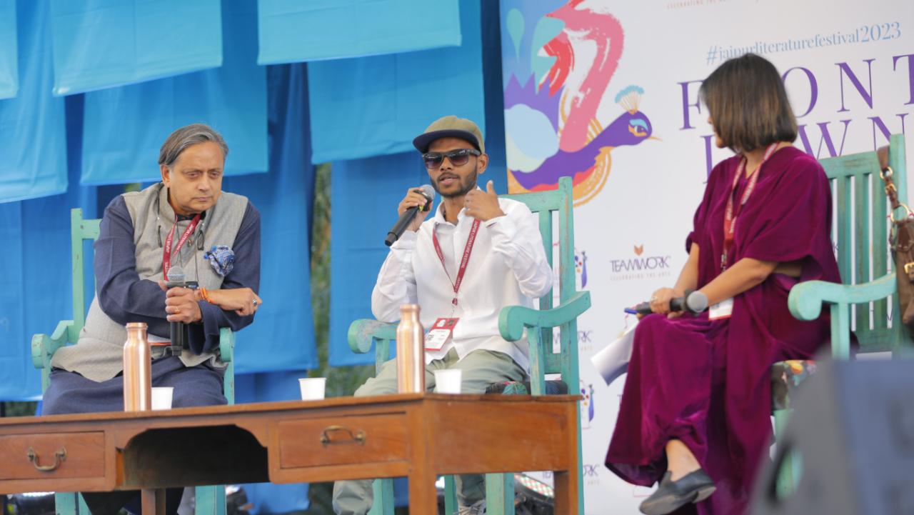 Indian politician and author Shashi Tharoor, Indian anti-caste scholar Sumit Samos in conversation with Pragya Tiwari about their new books ‘Ambedkar: A Life’ and ‘Affairs of Caste’ on Dr Babasaheb Ambedkar in an afternoon session titled ‘BR Ambedkar: Life and Times’. Photo Courtesy: Jaipur Literature Festival 2023