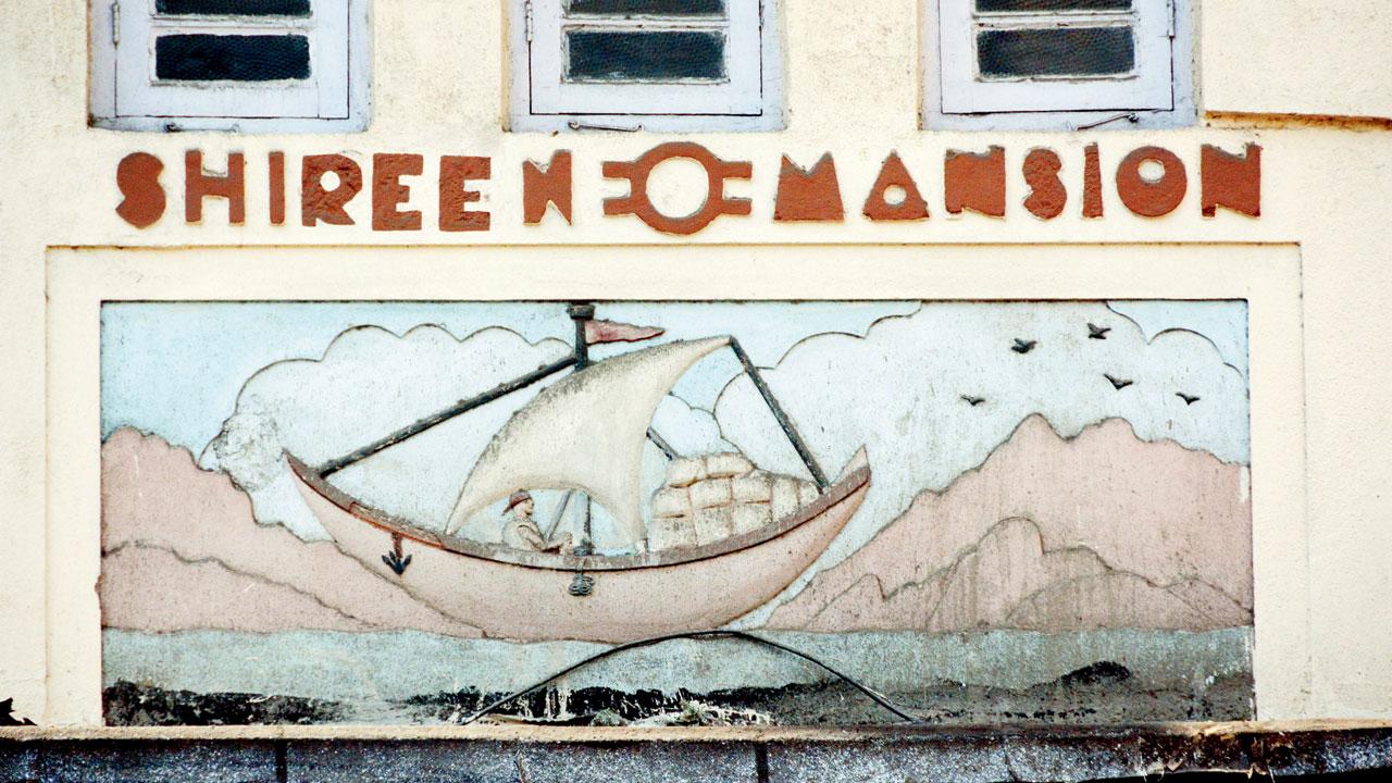 Detail of the ship announcing Shireen Mansion in Gamadia Colony, Tardeo