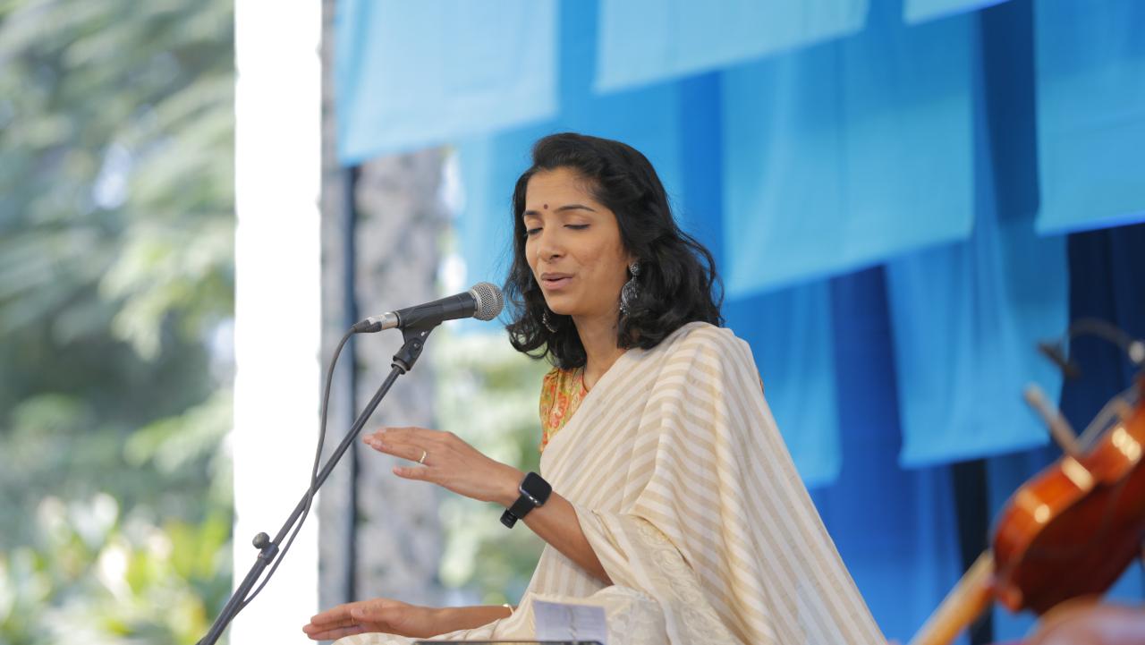 Indian Carnatic vocalist Sushma Soma welcomed the visitors with a beautiful performance to mark the commencement of the 16th edition of the festival at the front lawn of the Hotel Clarks Amer. Photo Courtesy: Jaipur Literature Festival 2023 