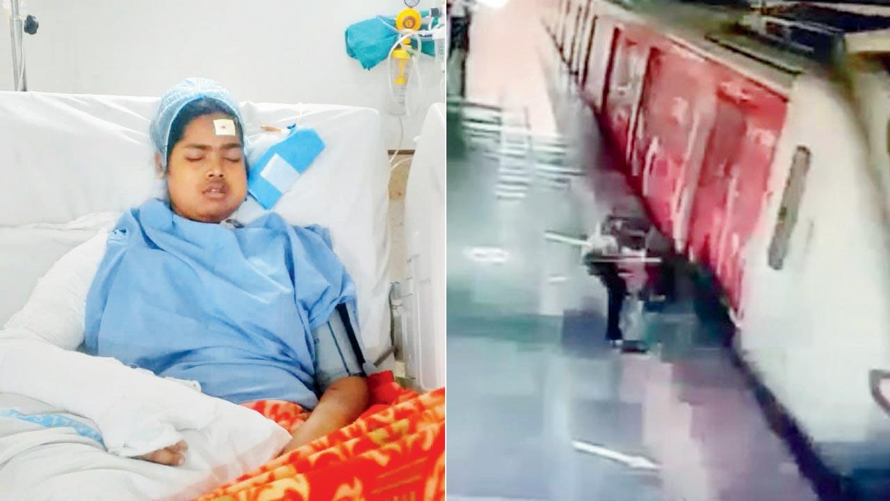 Gauri Sahu had sustained several severe injuries on different parts of her body and had to be hospitalised for 23 days; (right) screengrab from the CCTV footage of Sahu getting dragged on the platform