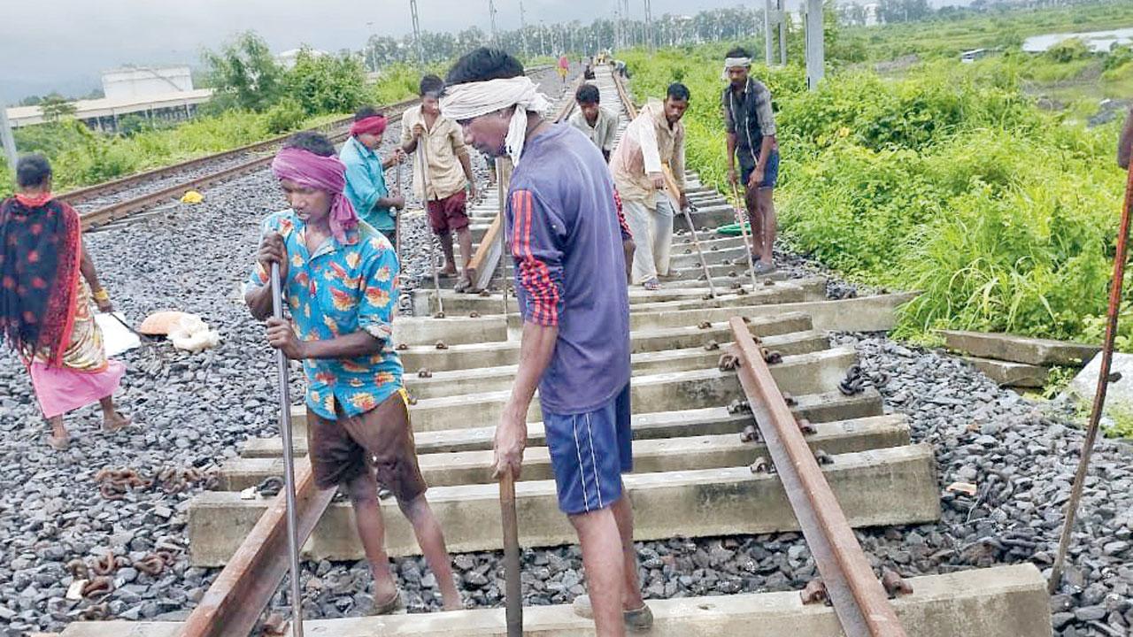 Work is carried out on the Kharkopar-Uran stretch of the much delayed  Seawoods-Belapur-Uran rail line in October 2022