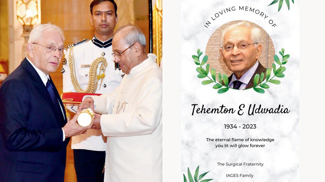 President Pranab Mukherjee presents the Padma Bhushan to Dr Udwadia in 2017. Pic/Ministry of Information and Broadcasting; (right) One of the tribute posters on social media