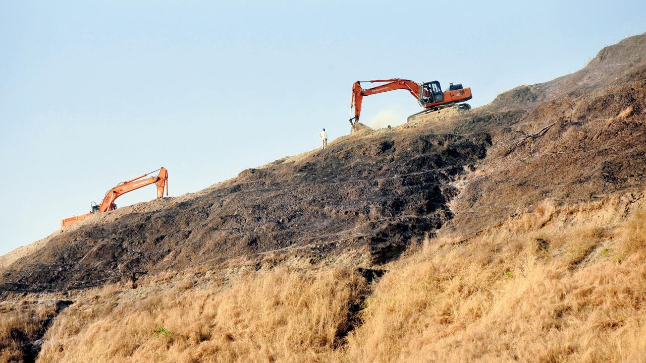Digging underway at a small hillock in Kharghar Hills in Navi Mumbai, barely a few metres away from the tribal settlement of Dhamole village, allegedly for the expansion of the existing golf course nearby. Pic/Sameer Markande