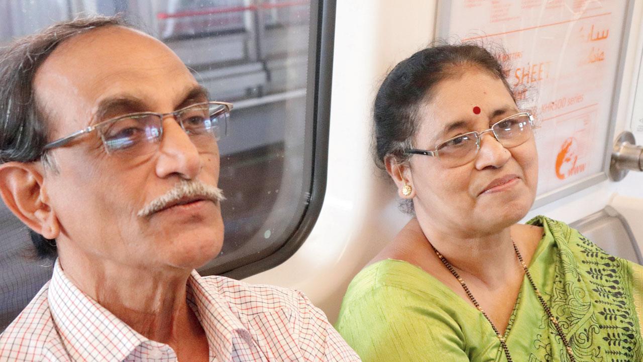 Senior citizen couple, Yashwant Raut and his wife Pusphlata, takes a joyride on the Metro 7