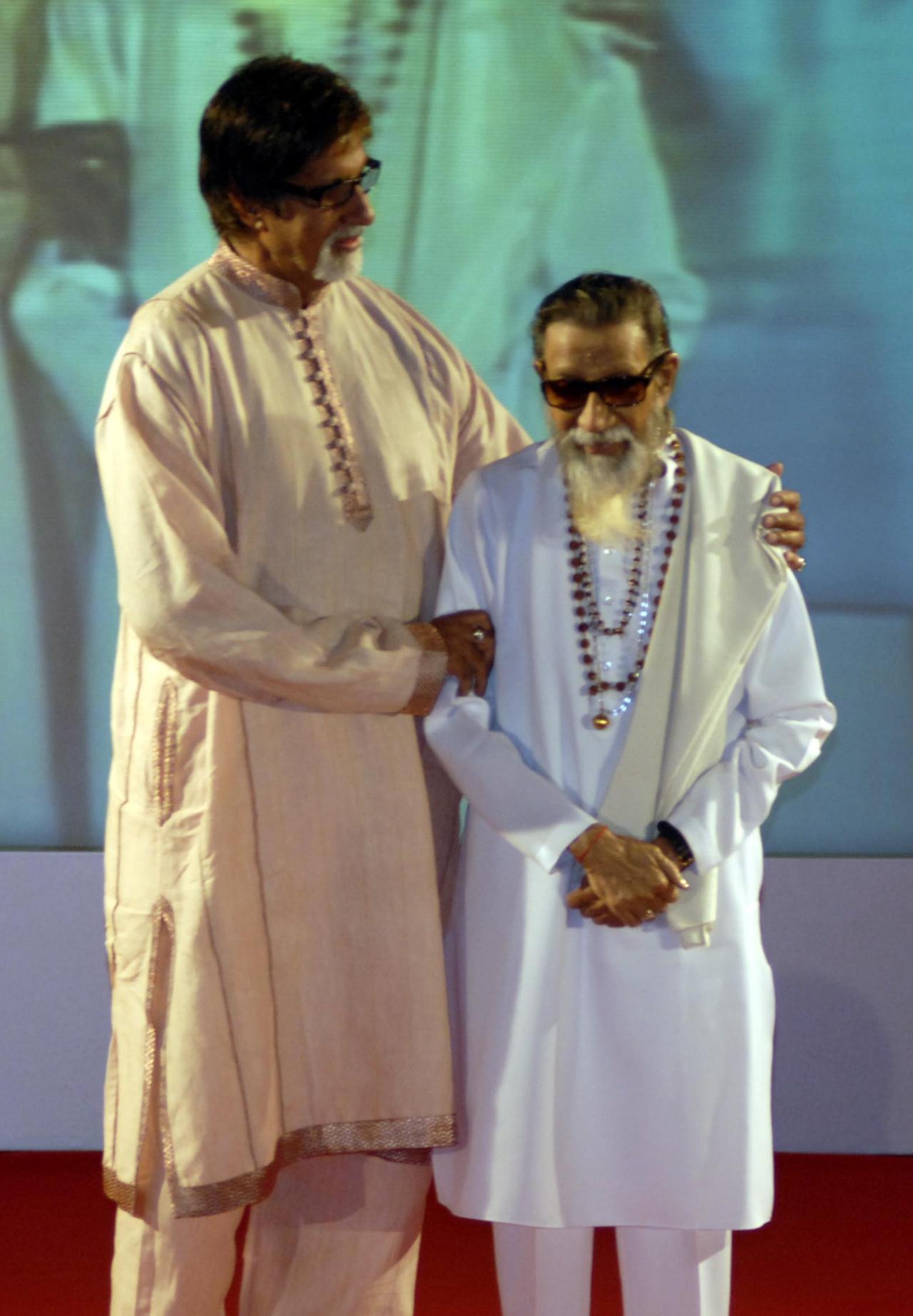 Film star Amitabh Bachchan and Bal Thackeray during the launch of Umeed, a music album by Aditya Uddhav Thackeray, son of Uddhav Thackeray at Rang Sharda. All the songs are penned by the young lad Aditya. Pic/Nimesh Dave