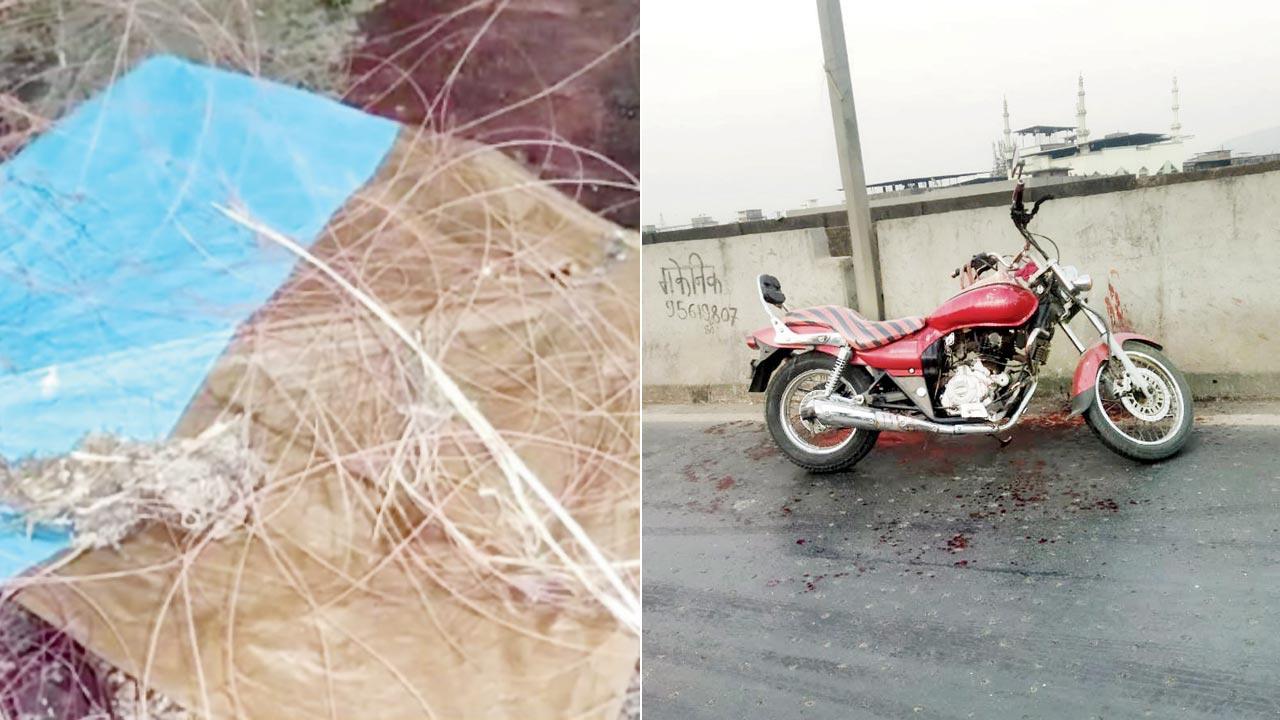 The kite that was stuck on the pole along the bridge; (right) Sanjay Hazare’s bike at the accident spot