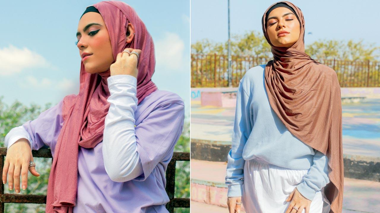 Shirt-extenders in staple black and white by Little Black Hijab (LBH) lengthen a comparatively shorter top to cover the legs. LBH’s hijabs have easy access to the ears for wearing masks, putting on headphones or stethoscopes without untying the head scarves. Pics Courtesy/Little Black Hijab