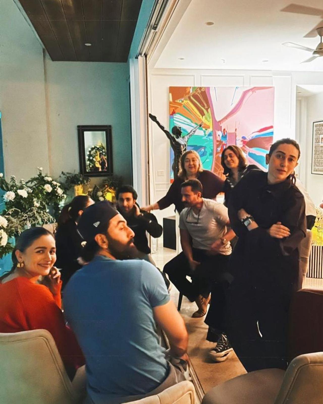Karisma also shared a couple of blurry pictures where she along with Ranbir, Alia, Kareena, Saif, Armaan Jain are having a conversation and take a brief break from it to pose for the photograph
