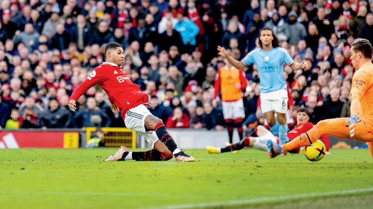 Marcus Rashford rises against Manchester City