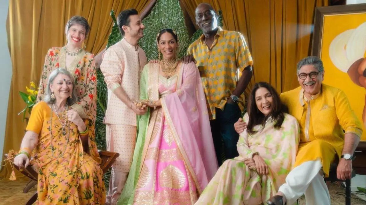 Ace fashion designer and actress Masaba Gupta surprised everyone on Friday after she announced that she has tied the knot with actor actor Satyadeep Misra in an intimate wedding. Masaba took to her Instagram to share the first pictures from the early morning ceremony. In the image, the designer wore a pink and golden lehenga with jewellery while Satyadeep looked dapper in a blush pink kurta. See all pics here