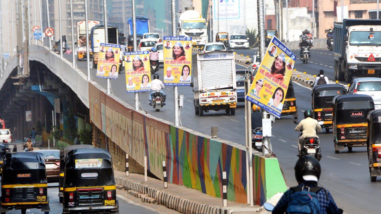 Illegal posters installed along roads. As per BMC guidelines, it is not allowed to erect banners on roads or gardens. File pic