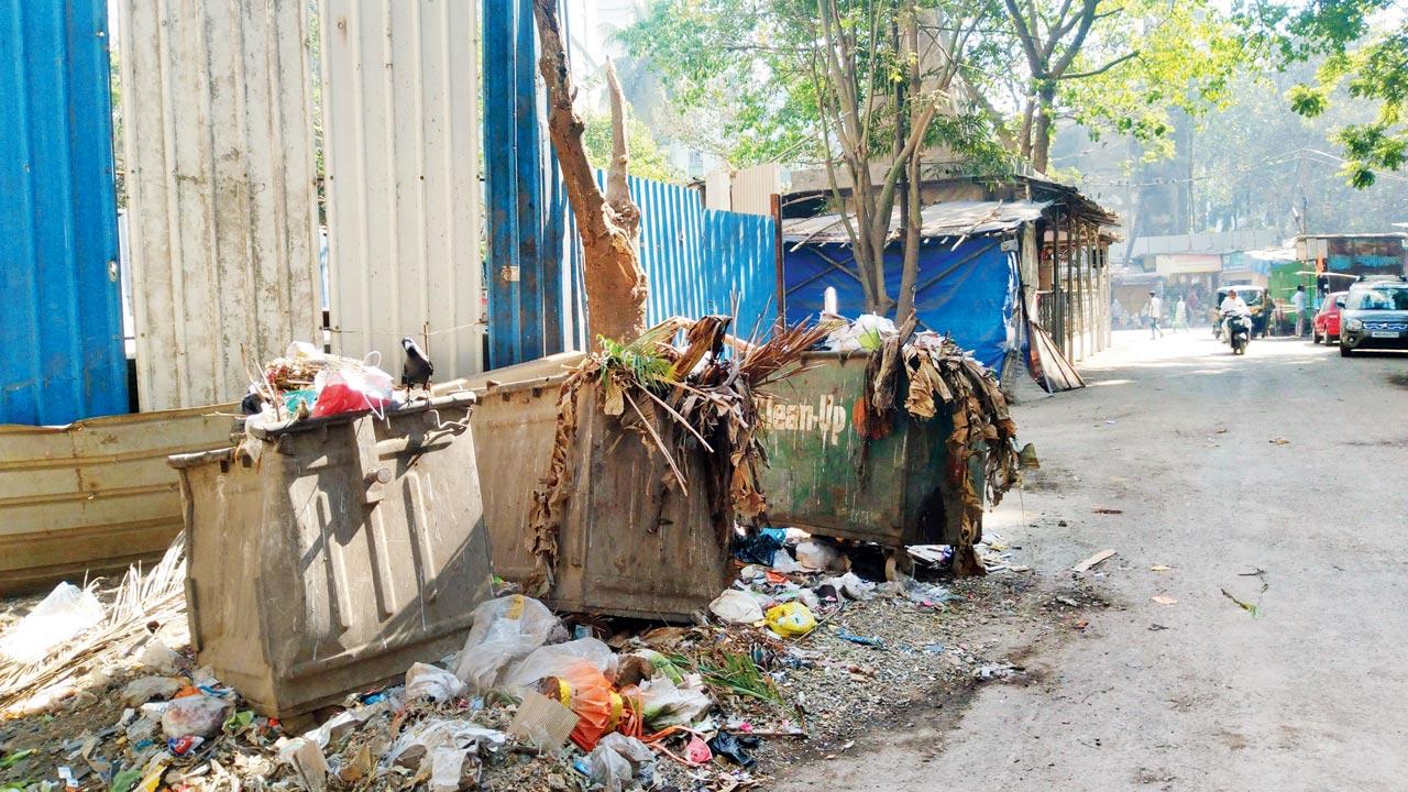 Waste spills over a community dustbin in Kannamwar Nagar, Vikhroli