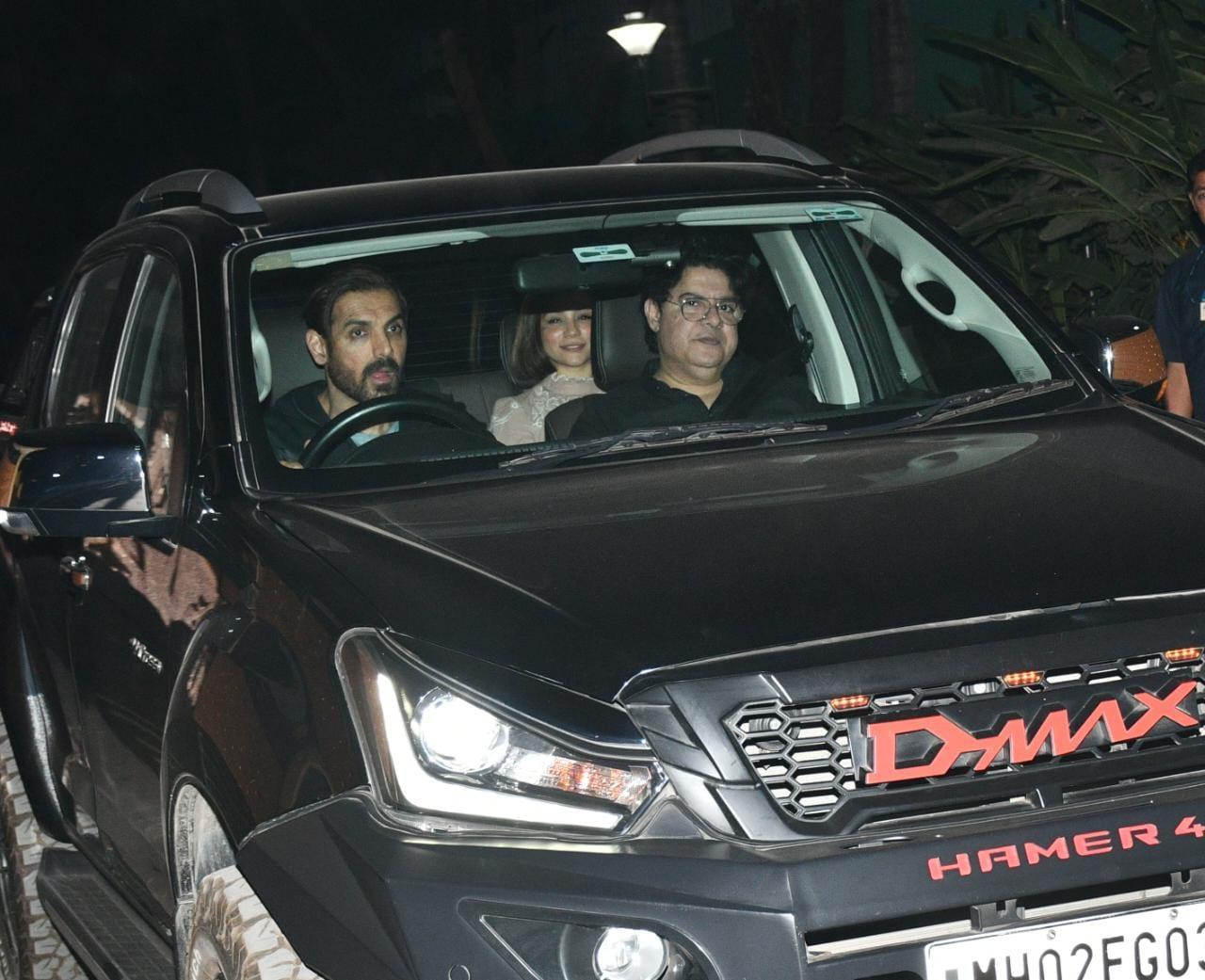 John Abraham, who plays the antagonist in the film, was seen arriving for the screening along with Sajid Khan. The filmmaker recently stepped out of the Bigg Boss 16 house after his minimum guarantee expired
