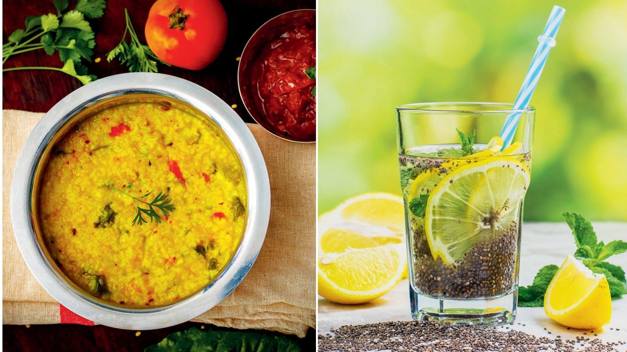 Prepare simple meals that are easy to digest like khichdi; (right) Water infused with chia seeds or lemon helps with hydration