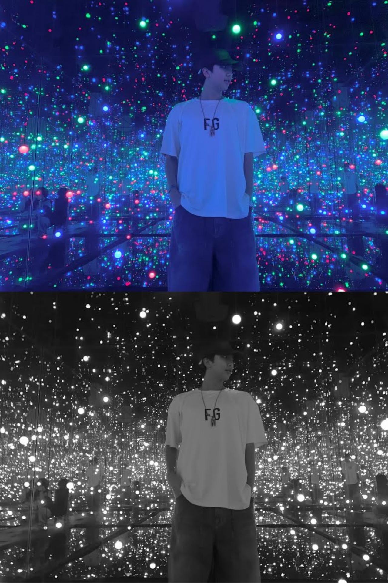 Namjoon has been vocal about supporting artists from his home country, South Korea. While on a trip to Jeju island, RM visited the Bonte Museum, which showcases traditional and modern Korean crafts. He visited the Infinity Mirrored Room - Gleaming Lights of the Souls by Yayoi Kusama - a singular 4*4 installation with a hundred lights of changing colours