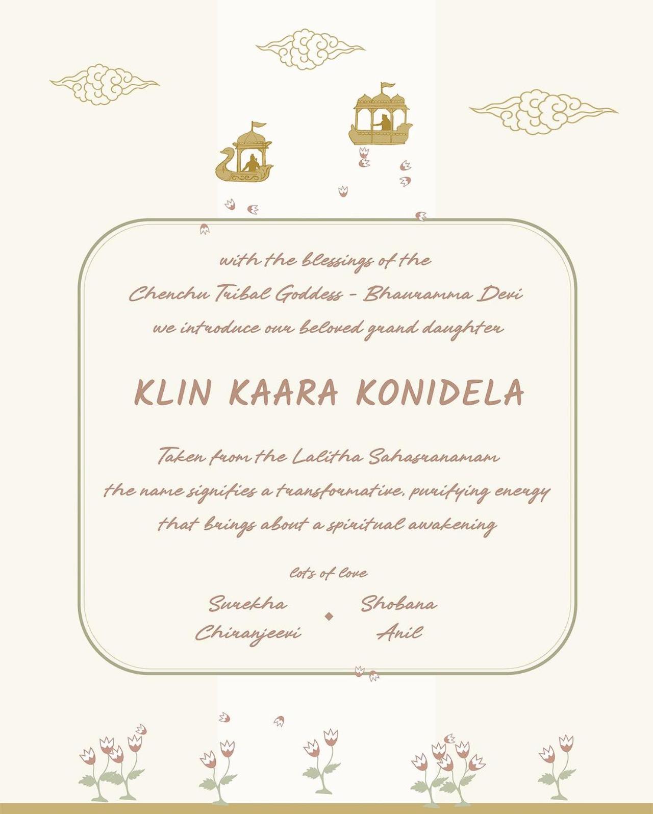 Ram Charan took to Instagram to officially announce the name of their daughter on behalf of both sets of her grandparents. “With the blessings of the Chenchu Tribal Goddess – Bhauramma Devi, we introduce our beloved granddaughter Klin Kaara Konidela.” The message also explained the meaning of the name – “Taken from the Lalitha Sahasranamam the name signifies a transformative, purifying energy that brings about a spiritual awakening,” he said