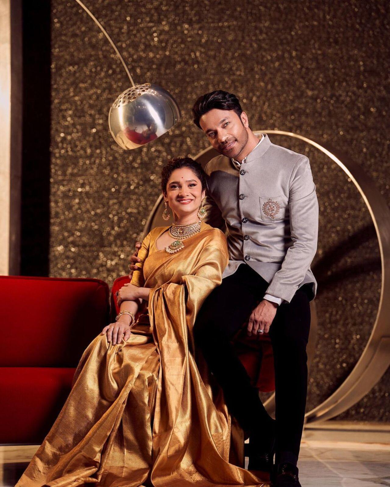 Vicky Jain looked dashing in suit, and wife Ankita complemented him perfectly in a golden saree