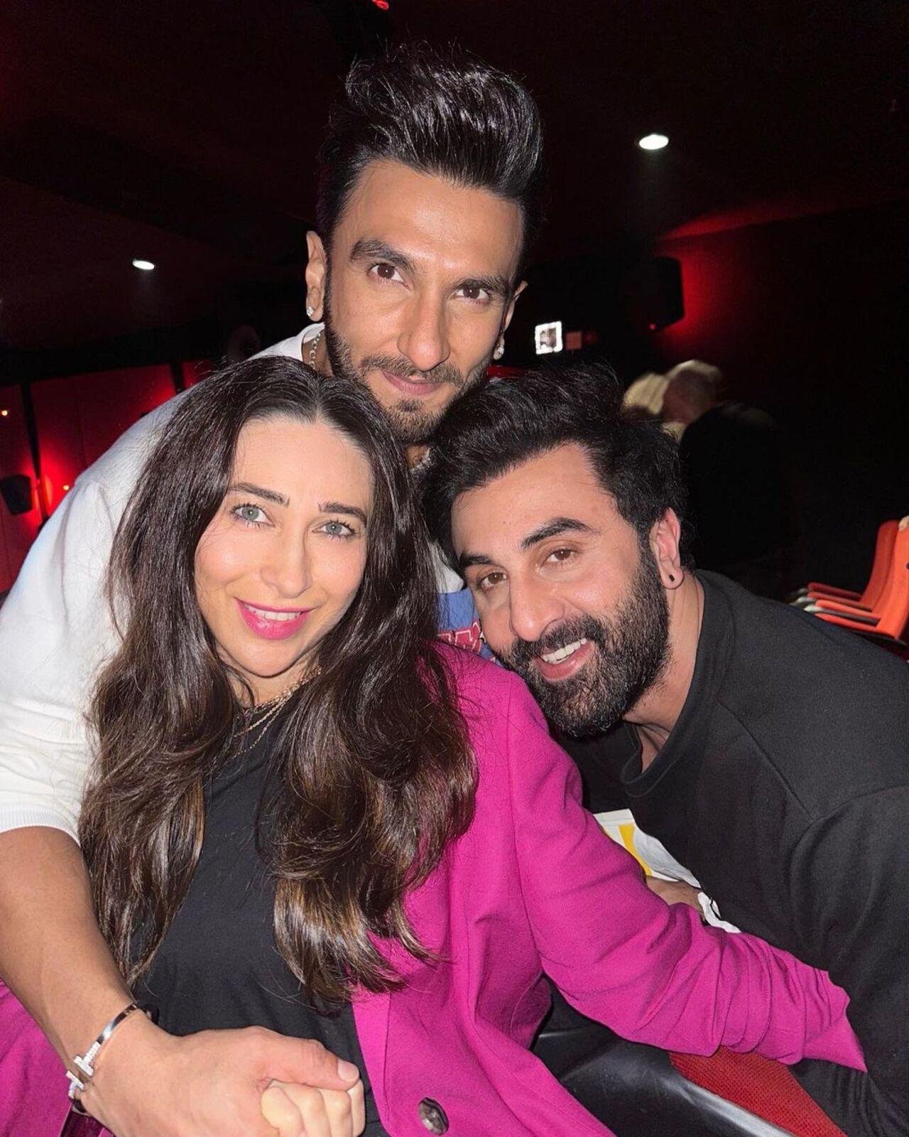 Karisma Kapoor took to Instagram and dropped a cute photograph of her posing with Ranbir Kapoor and Ranveer Singh as she went to watch 'Rocky aur Rani Kii Prem Kahaani'