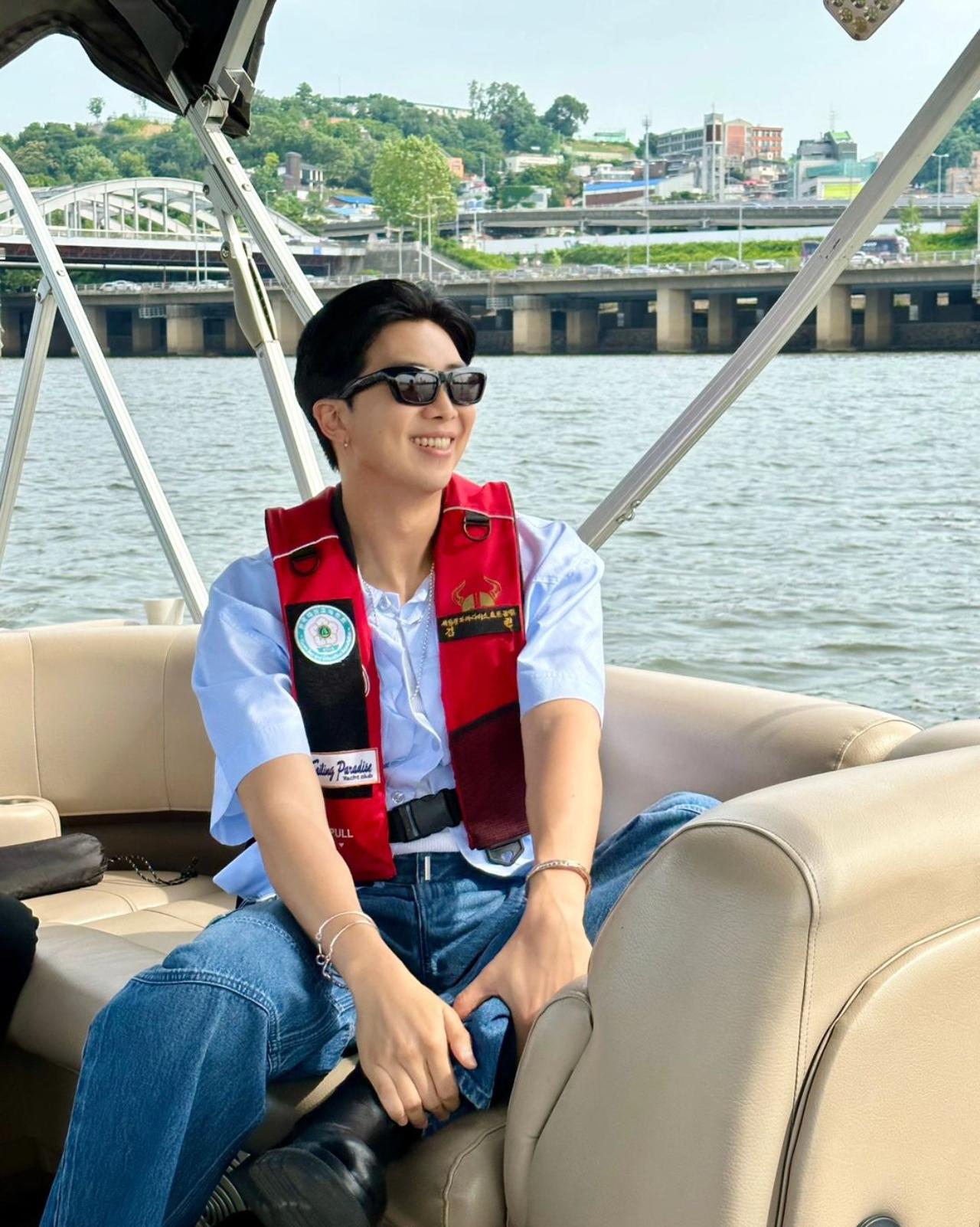 Namjoon seems super excited sailing across the Han River on his way to host the BTS 10th anniversary at Yeouido Park, Seoul