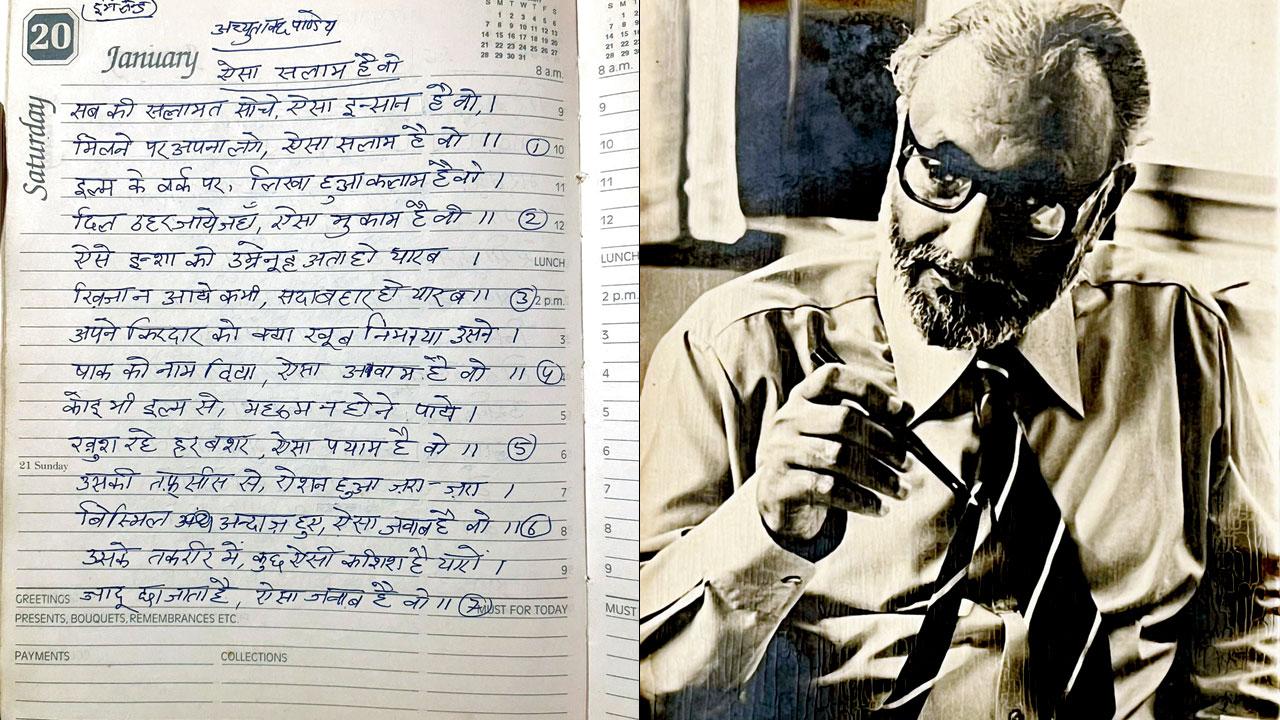 One of the poems that Professor AN Pandey had written for Professor Abdus Salam; (right) the autographed photo of Professor Salam from the historian’s archives. Pics courtesy/Eshan Sharma