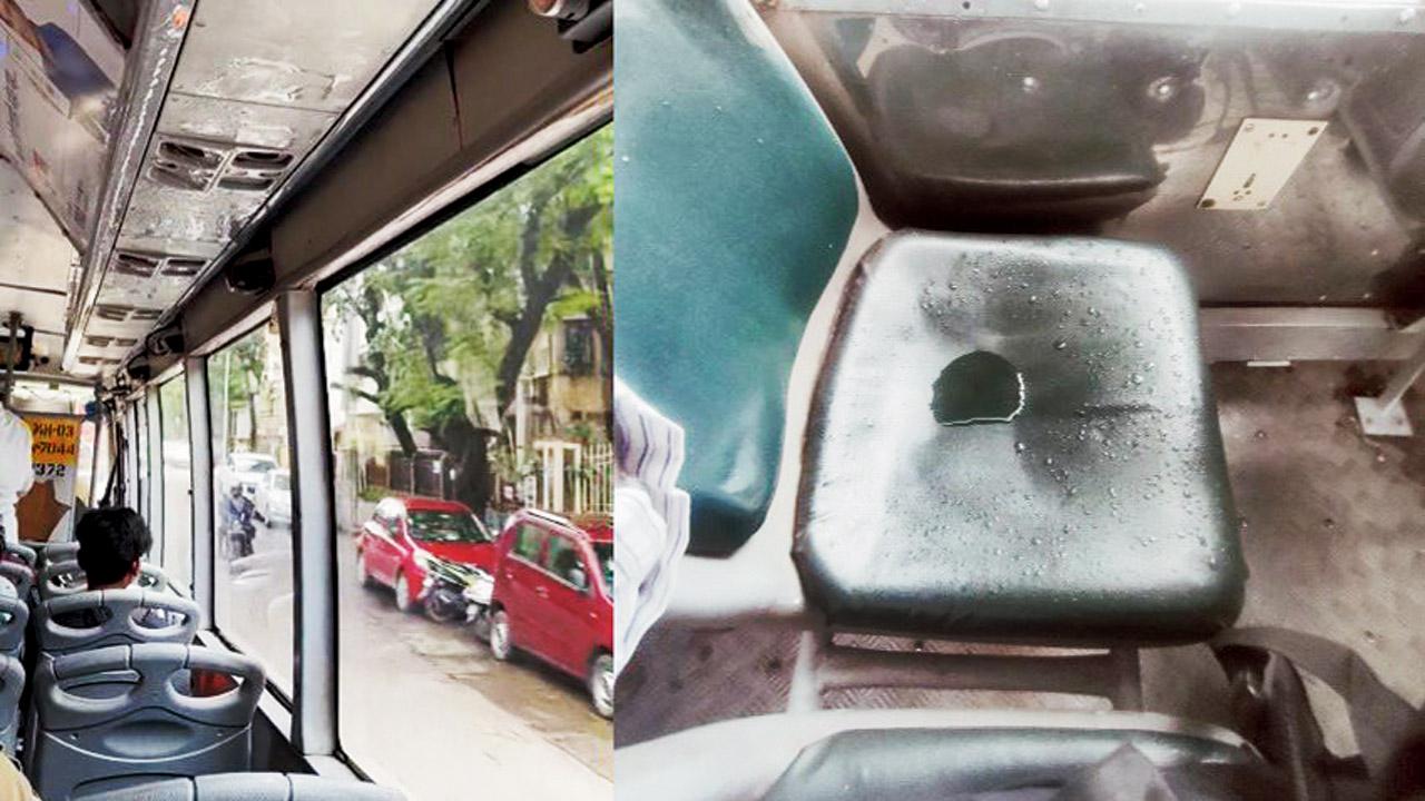 A leaking roof wets the seats inside an AC bus